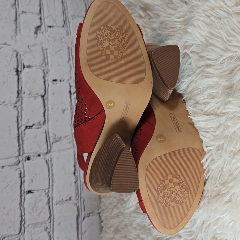 Vince Camuto "Dastana" Leather Rust Red Peep-Toe Sandals NWOT Size 9 - Picture 9 of 11